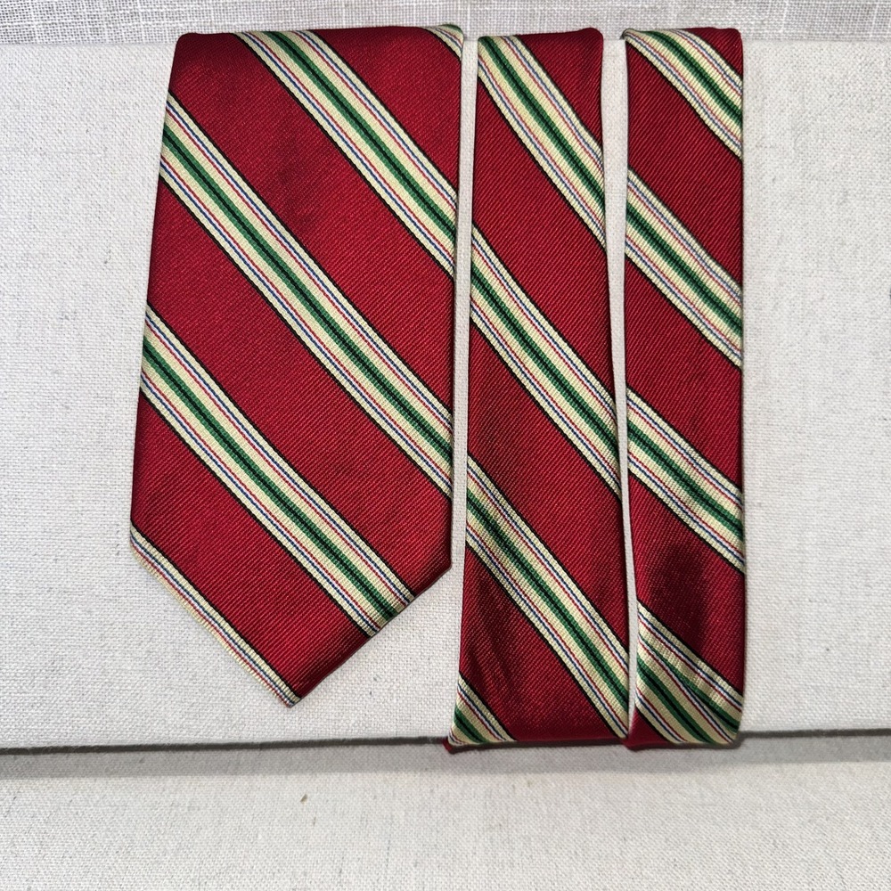 Ben Silver Charleston London Red Green Gold Repp‎ Striped Silk Tie USA